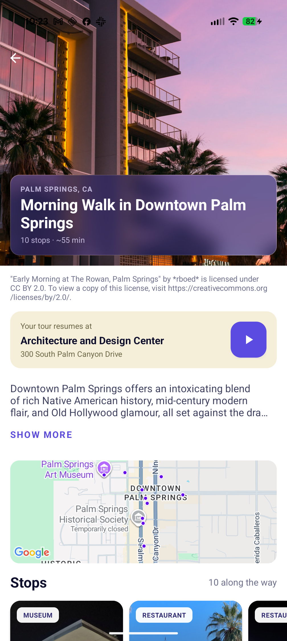Disco app showing a walking tour in progress